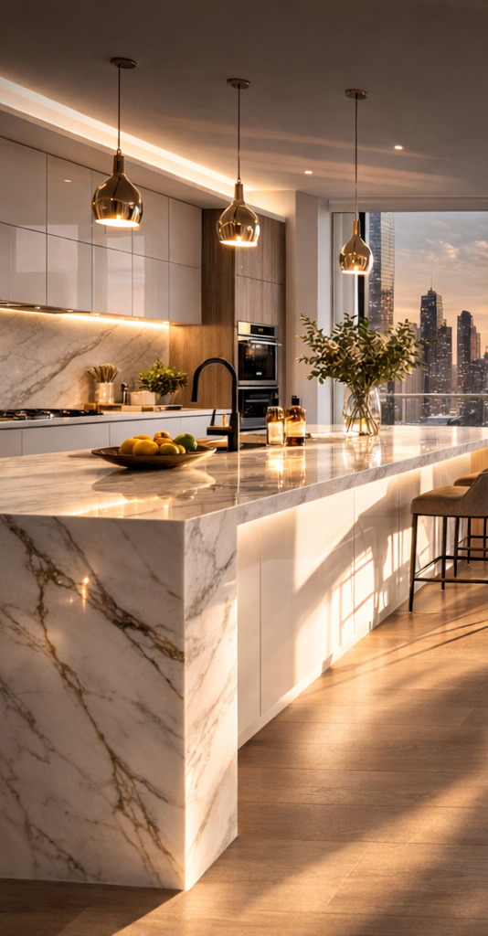 A modern kitchen with marble countertops and pendant lighting, featuring a bowl of fruit and a vase of flowers on the island, with city skyline views in the background.